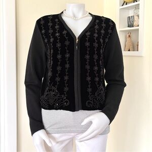 Classiques Entier black merino wool velvet beaded front zippered sweater